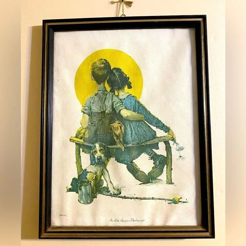 Vintage 1972 Norman Rockwell little spooners framed picture